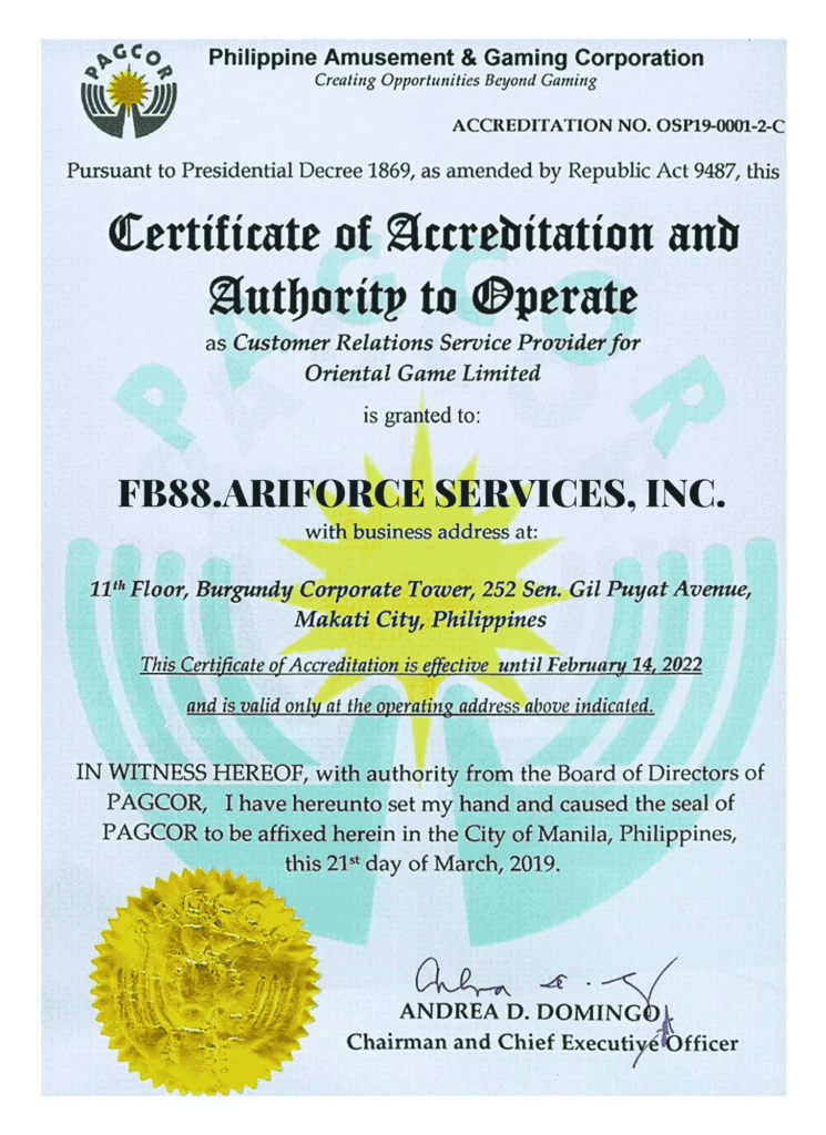 Giấy phép hoạt động của FB88